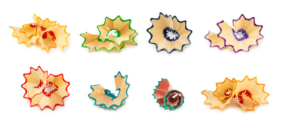 Pencil sharpener isolated on white background. Pencil and pencil shavings. Stationery. School supplies. School products. Flat lay. Place for text. copy space.