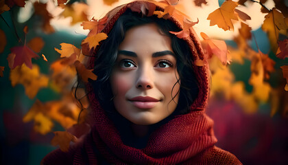 Abstract Surreal young woman portrait surrounded by autumn leaves on digital art concept, Generative AI.