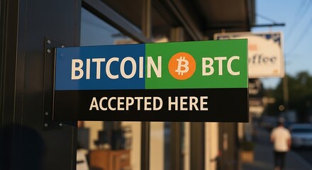 Bitcoin Accepted Here Sign Displayed Outside a Local Storefront.