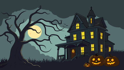 Haunted House Halloween Background with Glowing Jack-O’-Lanterns
