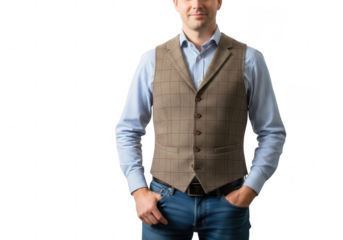 Man in tweed vest and blue shirt isolated on transparent background