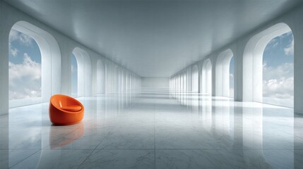 A white room with a red chair in the middle