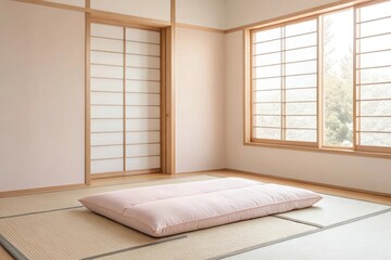 Create a serene korean-style minimalist bedroom with soft pastel palette and floor mattress bathed in sunlight