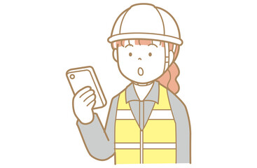 スマホの画面を見るヘルメットに安全ベスト作業着姿で働く女性のイラスト