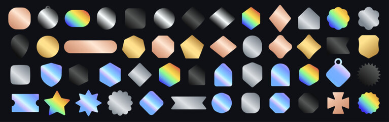 Gradient Metallic Badges Shapes For UI Branding Gold Silver Holographic Buttons Labels Icons. Minimal Modern Elements Set For Web Apps Social Media Packaging Marketing. Vector Illustration.