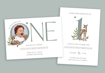 Editable first birthday invitation card template set with woodland deer illustration and photo frame