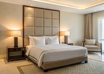 Indulge in luxury king bed bedroom with soft linens and sleek design in a modern hotel environment