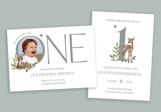 Editable first birthday invitation card template set with woodland deer illustration and photo frame
