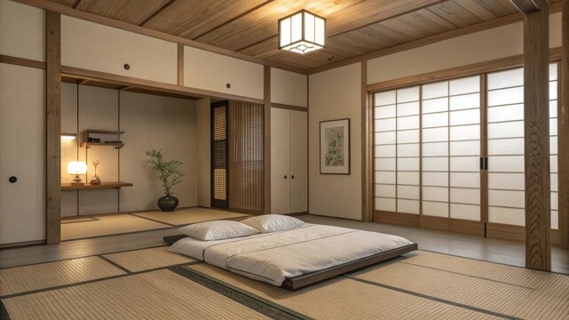 Create a serene minimalist japanese bedroom with futon on tatami mat emphasizing clean lines warm lighting and simple decor for tranquil living