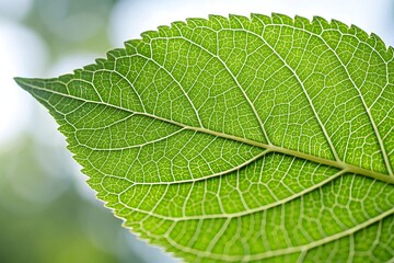 Fototapeta premium A vibrant close up of a single fresh green leaf with detailed veins