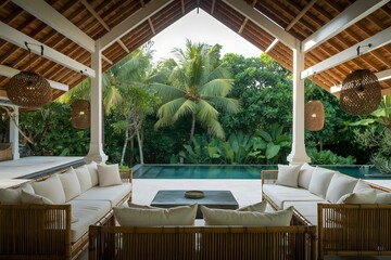 Luxury tropical villa outdoor lounge with swimming pool, bamboo furniture, natural decor, modern architecture, and exotic palm trees surrounded by lush greenery under a stylish wooden roof.