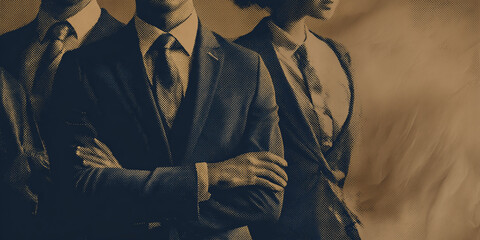 Male and female attorneys on a halftone modern abstract background. Law firm, lawyer, legal graphic for personal injury, medical malpractice or defense law firm website. Arms crossed - determined 