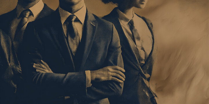 Male and female attorneys on a halftone modern abstract background. Law firm, lawyer, legal graphic for personal injury, medical malpractice or defense law firm website. Arms crossed - determined 