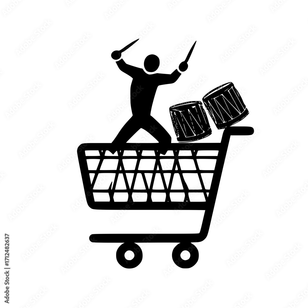 Poster drumming character sitting in shopping trolley shown in playful and minimal vector icon