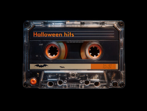 A vintage casette tape labeled Halloween Hits - october music concept, halloween DJ or soundtrack - spooky music theme background. Throwback 1980's tape. Party mixtape background.