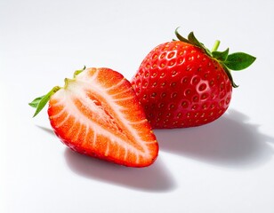 Fresh Whole Strawberry with Sliced Wedge on White Background