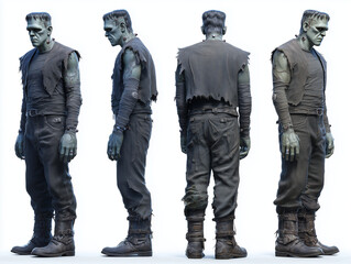 Frankenstein Multiple angles, full body; 4k detail, four views of the monster - front, back, left side and 3/4 angle isolated on white - grayscale, detailed halloween character design, 3d. 