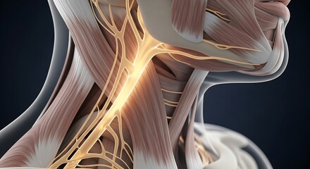 Anatomical Illustration of the Human Neck with Nerves and Muscles.