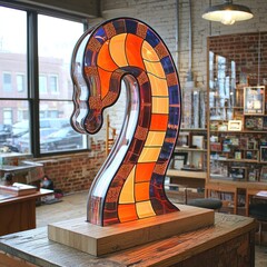 Stained Glass Art Sculpture on Wooden Stand, Indoor Studio Setting