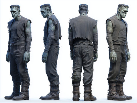 Frankenstein Multiple angles, full body; 4k detail, four views of the monster - front, back, left side and 3/4 angle isolated on white - grayscale, detailed halloween character design, 3d. 