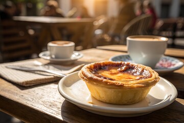 Portuguese custard tart with caramelized top photographed in warm sunlight flaky crust detail sharp background blurred café ambiance