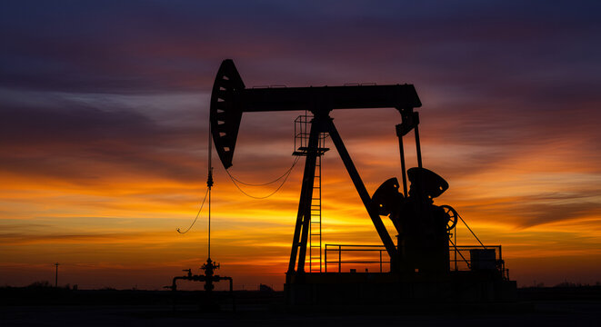 Silhouette of an oil pump jack at sunset, symbolizing energy production - Powered by Adobe