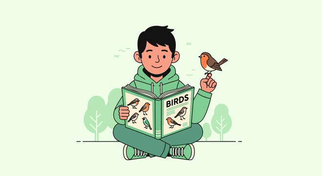Boy Reading Book About Birds With A Bird Perched On His Finger Enjoying Nature Outdoors