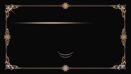 Elegant golden decorative frame with floral vintage ornaments and glowing accents on black background, perfect for invitations, greeting cards, menus, and certificates.