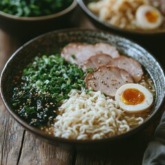 Serving of Delicious Ramen Noodle Soup with Pork and Egg Toppings