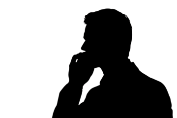 Thoughtful man in profile contemplating a decision, hand to chin, conveying deep thinking and strategic planning in a modern business context.