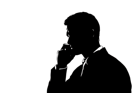 Thoughtful businessman in a suit contemplating a crucial decision while holding a phone to his ear, conveying serious business strategy and deep concentration