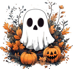 Cute Ghost with Pumpkins Illustration.