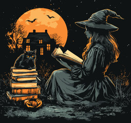  Enchanted Witch Reading with Pumpkin and Cat Design