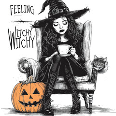 Halloween Witch Drinking Tea Artwork.