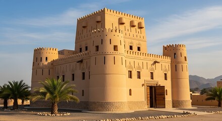 Al Jahili Fort in Al Ain, United Arab Emirates, a historic desert fortress with palm trees and mountains.