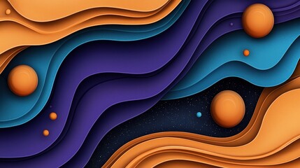 Abstract Cosmic Landscape Layered Wavy Forms in Orange, Purple and Blue