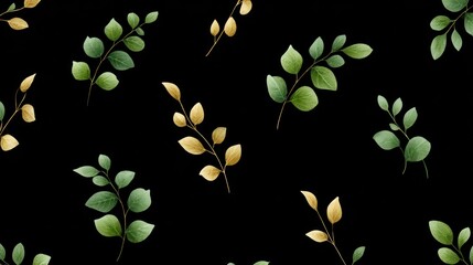 Elegant Botanical Pattern with Green and Yellow Leaves on Black