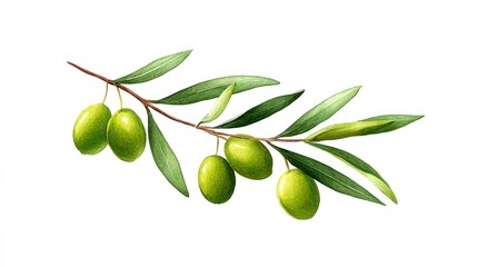 Fresh Green Olive Branch with Leaves on White Background