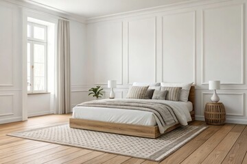 Fototapeta premium Creating a cozy scandinavian-style bedroom with white walls wooden floors and minimalist low bed textures in a serene environment