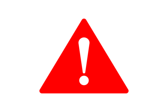 Red triangle exclamation mark symbol for alert, warning, danger, error, and caution on transparent background