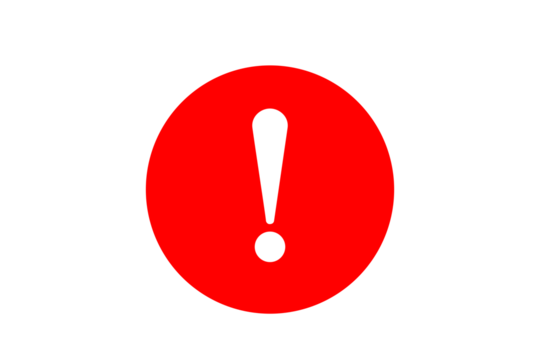 Red circle exclamation mark symbol for alert, warning, error, notice, and attention on transparent background
