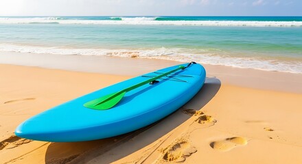 Blue Paddleboard on Sandy Beach near Ocean Waves.