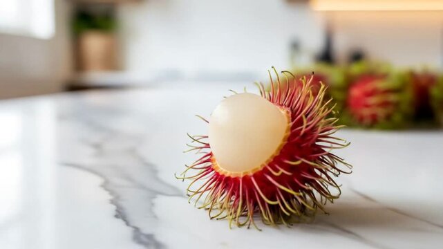 A partially peeled red rambutan fruit with its translucent white flesh exposed, resting on a white marble countertop in a bright kitchen setting.