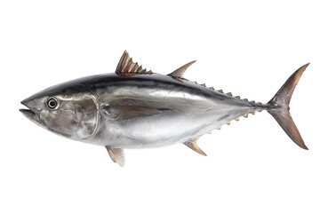 Obraz premium Silver Tuna Fish with Dark Fins and Tail on a White Background isolated on a transparent background seafood