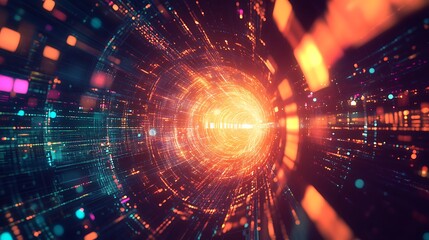 Obraz premium Futuristic Orange and Teal Digital Tunnel with Glowing Particles vortex photo