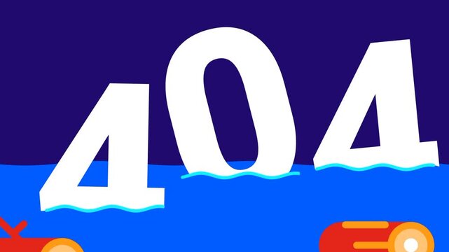 A vibrant illustration of a 404 error page shows large white numbers floating on blue water, symbolizing a missing or lost web page in a playful way