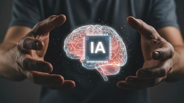 Cerveau holographique num&eacute;rique d&rsquo;intelligence artificielle dans les mains d&rsquo;un homme, symbolisant le d&eacute;veloppement de l&rsquo;IA, vid&eacute;o.