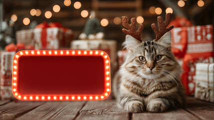 Cute festive cat with reindeer antlers beside a Merry Christmas sign with space for writing a Christmas message, surrounded by gifts, lights, and holiday decorations in a cozy Christmas atmosphere.