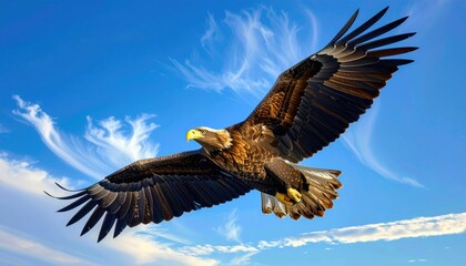 Obraz premium Majestic Brown Eagle Soaring in a Clear Blue Sky with Wispy Clouds Dramatic Wide Angle