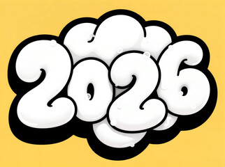 2026 Puffy Bubble Letters in Cloud Style on Yellow Background